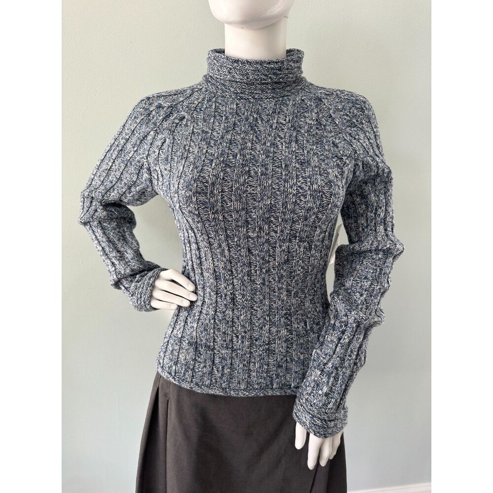 Vintage Y2k Turtleneck Chunky Ribbed Knit Sweater Blue Marled Long Sleeve size M
